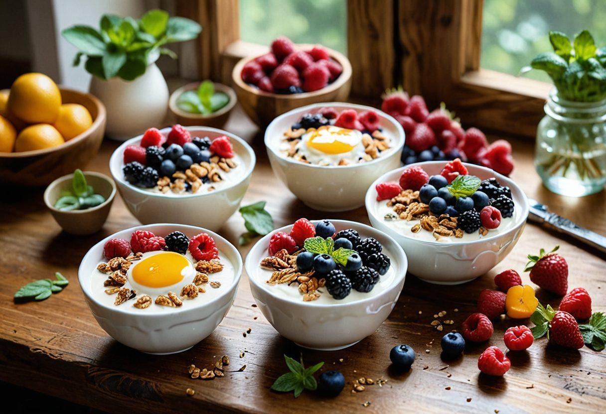 A vibrant spread of various yogurt dishes arranged on a wooden table, showcasing colorful fruits, nuts, and honey drizzles. Include bowls of yogurt topped with berries and granola, surrounded by fresh mint leaves to emphasize healthiness. Soft morning light filters through a window, creating a warm atmosphere. super-realistic. vibrant colors. natural lighting.