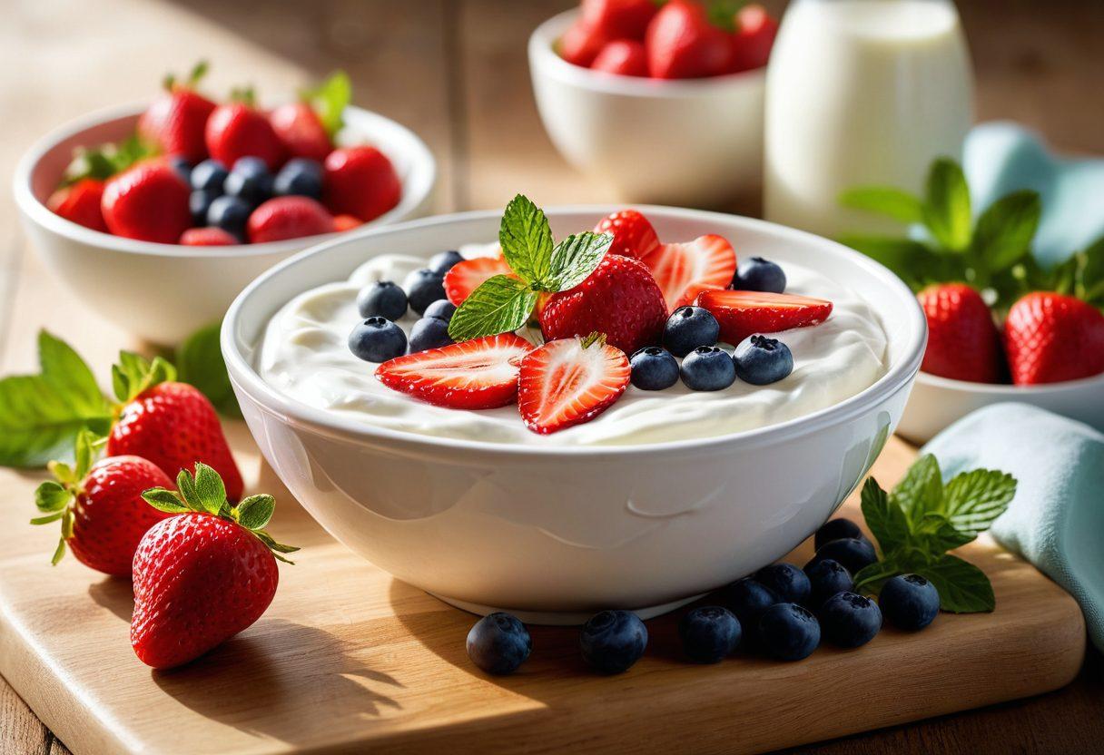 A bowl of creamy, fresh yogurt topped with a vibrant assortment of fruits like strawberries, blueberries, and slices of banana, surrounded by sprigs of mint. In the background, a sunlit kitchen setting with a cutting board and yogurt making ingredients scattered. A subtle swirl graphics overlay displaying health benefits such as 'Probiotic Rich', 'High in Protein', and 'Gut Health'. super-realistic. vibrant colors. soft natural lighting.