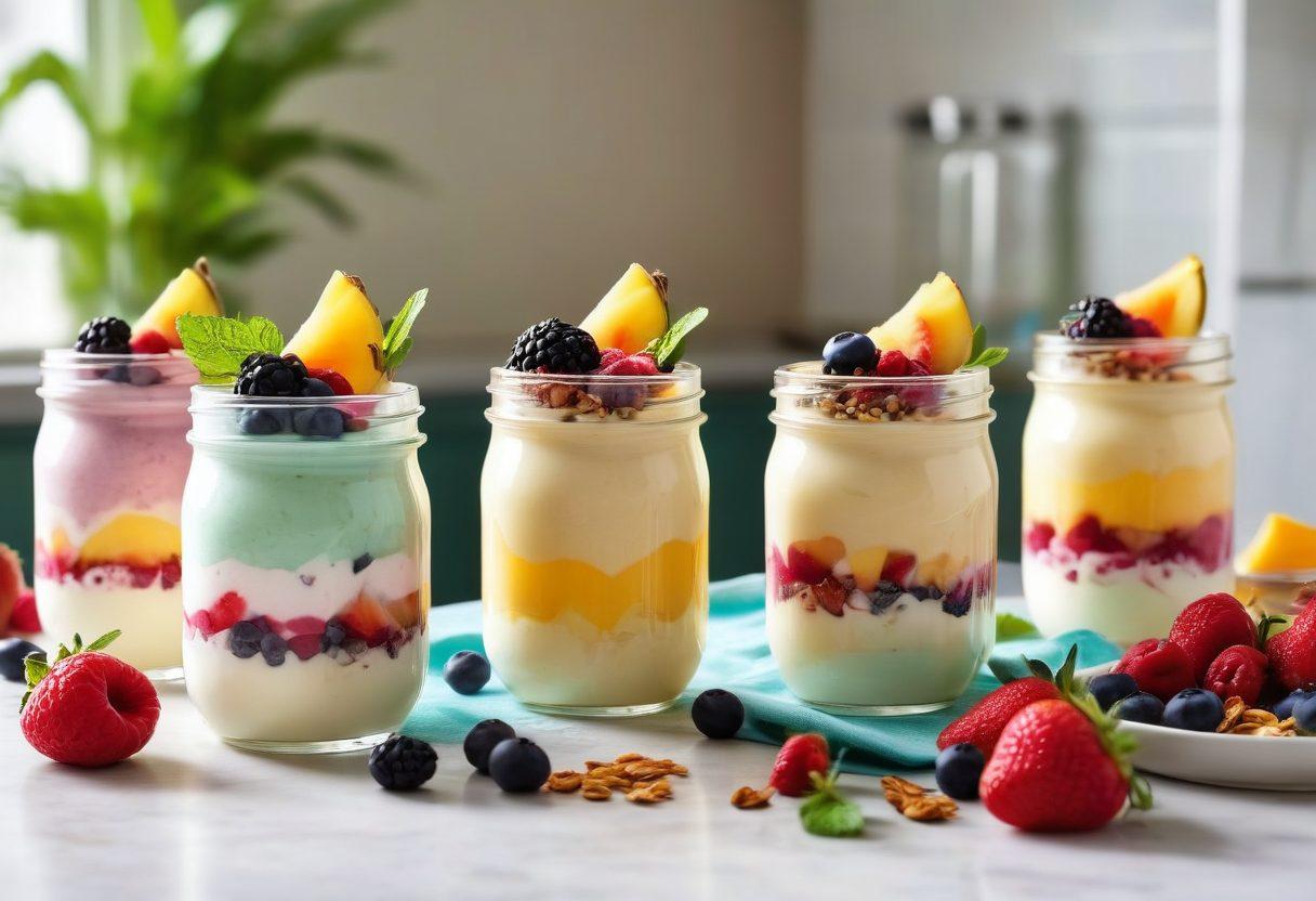 A vibrant, colorful spread featuring various yogurt dishes, including creamy smoothies in mason jars topped with fresh fruits, layers of yogurt parfaits with granola and berries in clear glass cups, and creative yogurt bowls styled with honey drizzles and mint leaves. The background showcases a bright kitchen setting with natural light highlighting the freshness of the ingredients. The scene should feel inviting and wholesome. super-realistic. vibrant colors. soft light.